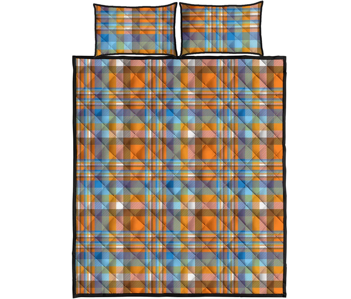 Orange And Blue Madras Pattern Print Quilt Bed Set