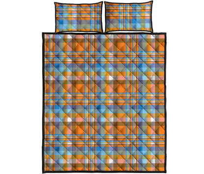 Orange And Blue Madras Pattern Print Quilt Bed Set