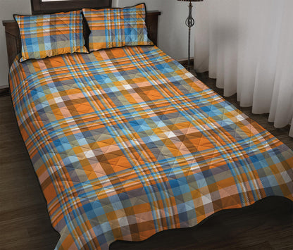 Orange And Blue Madras Pattern Print Quilt Bed Set