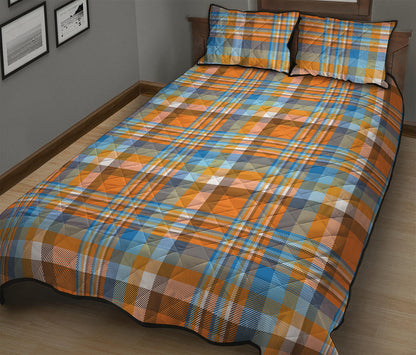 Orange And Blue Madras Pattern Print Quilt Bed Set
