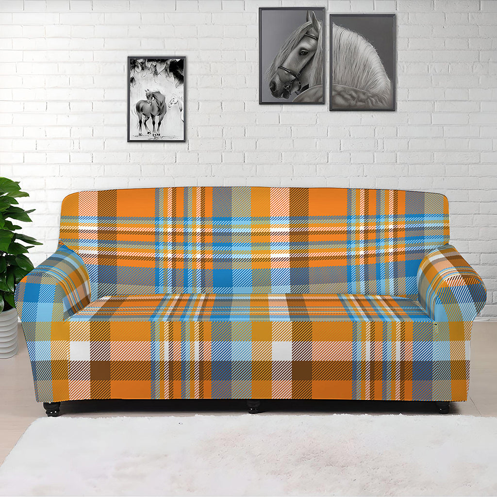 Orange And Blue Madras Pattern Print Sofa Cover