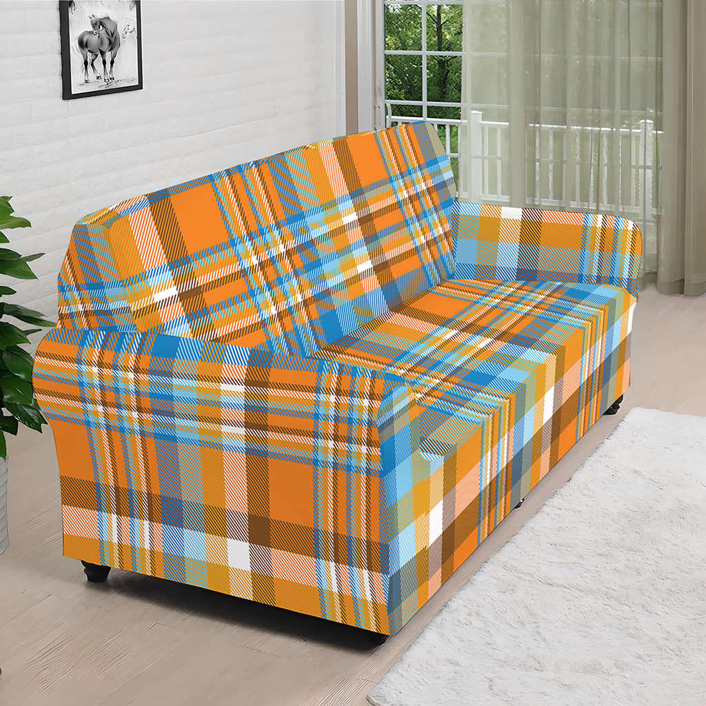 Orange And Blue Madras Pattern Print Sofa Cover