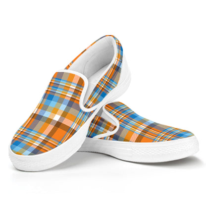 Orange And Blue Madras Pattern Print White Slip On Shoes