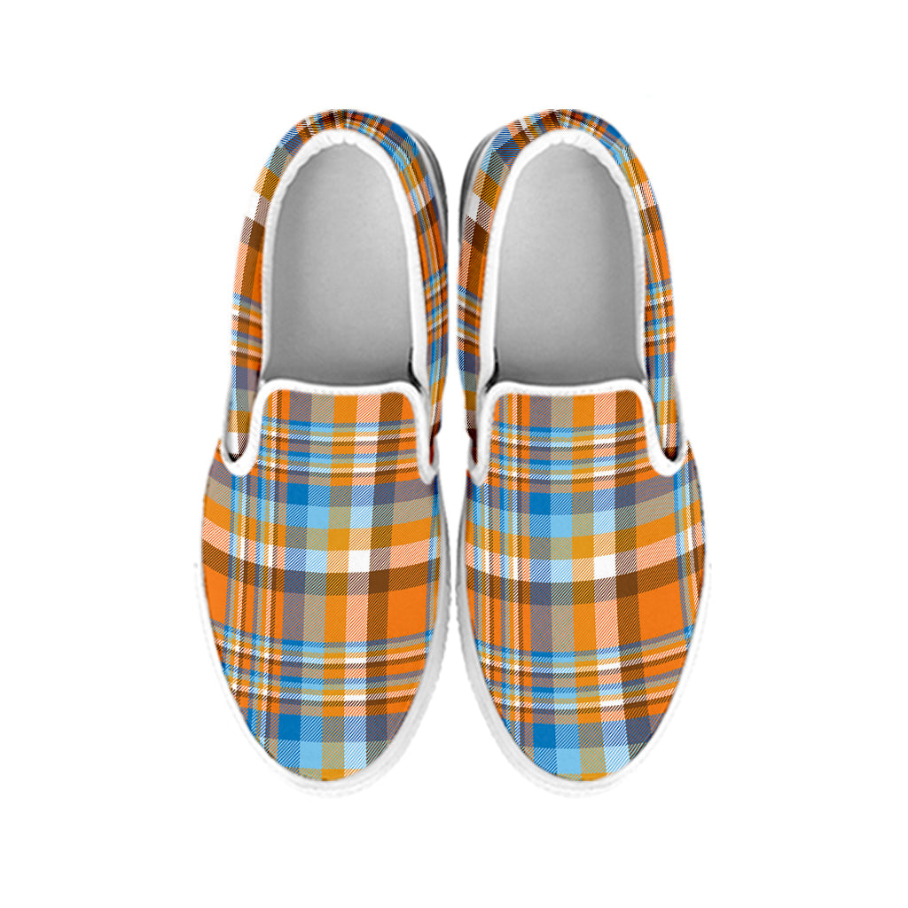 Orange And Blue Madras Pattern Print White Slip On Shoes
