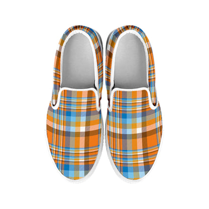 Orange And Blue Madras Pattern Print White Slip On Shoes