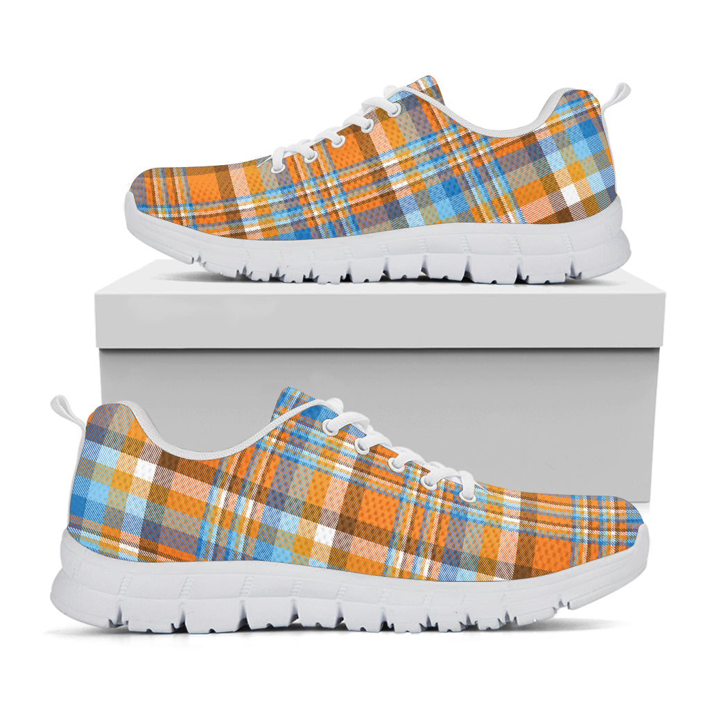 Orange And Blue Madras Pattern Print White Sneakers