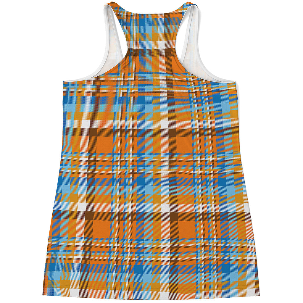 Orange And Blue Madras Pattern Print Women's Racerback Tank Top