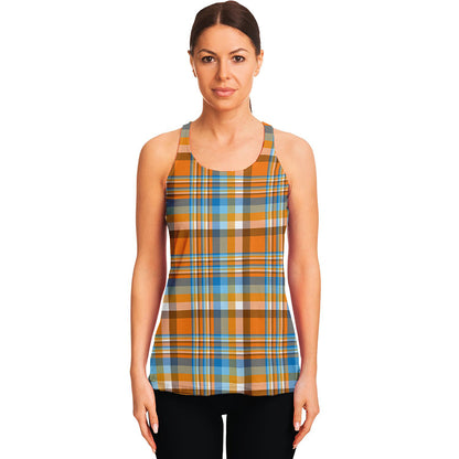 Orange And Blue Madras Pattern Print Women's Racerback Tank Top
