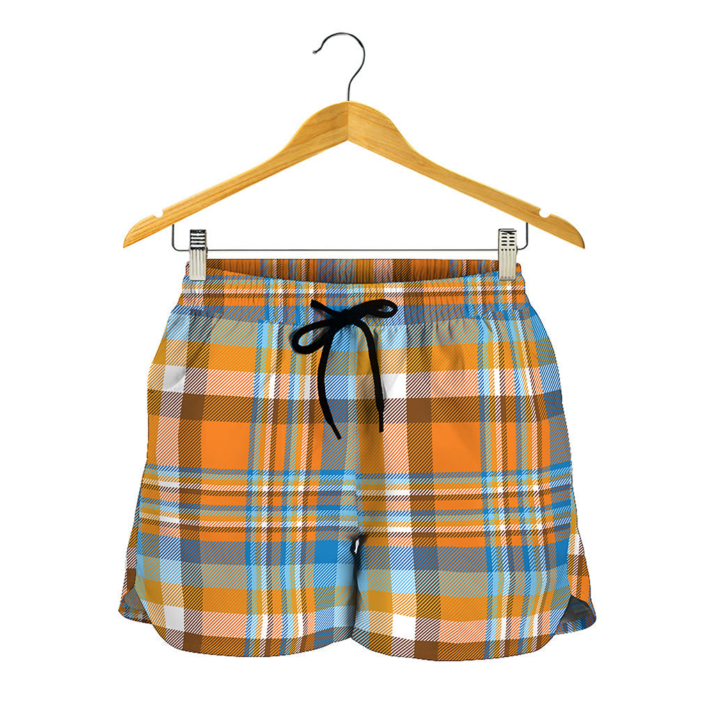 Orange And Blue Madras Pattern Print Women's Shorts