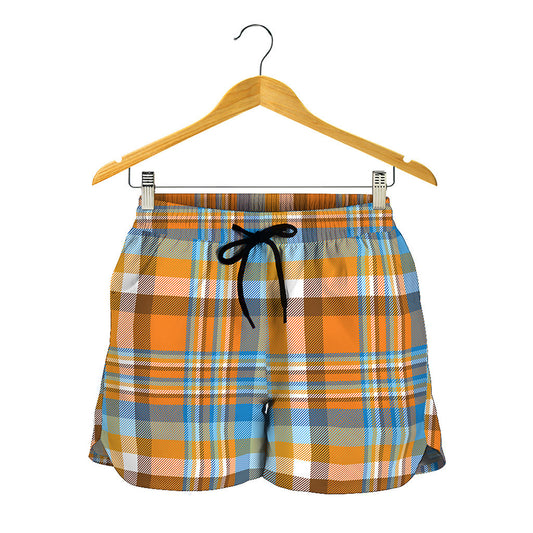 Orange And Blue Madras Pattern Print Women's Shorts