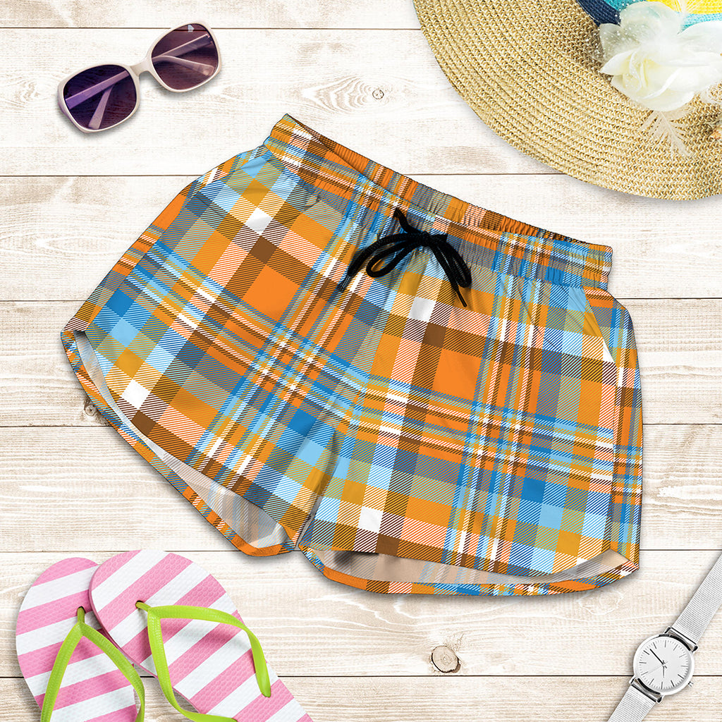 Orange And Blue Madras Pattern Print Women's Shorts