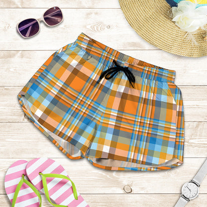 Orange And Blue Madras Pattern Print Women's Shorts