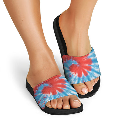 Orange And Blue Tie Dye Print Black Slide Sandals