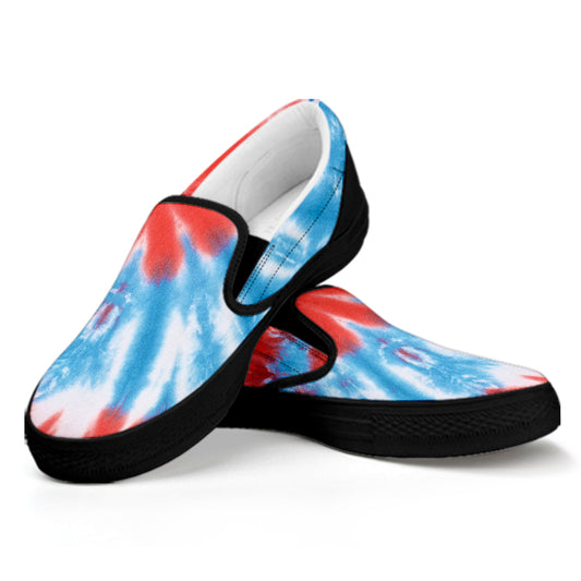 Orange And Blue Tie Dye Print Black Slip On Shoes
