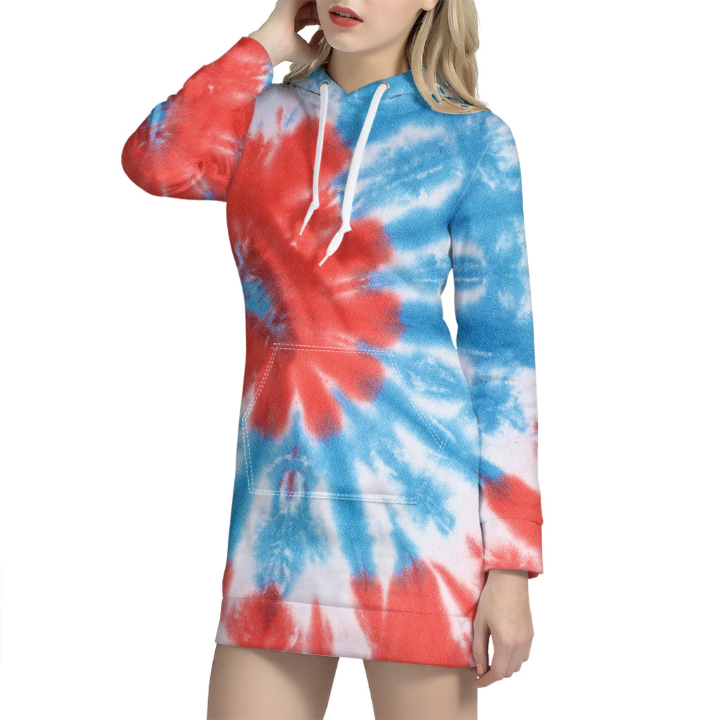 Orange And Blue Tie Dye Print Pullover Hoodie Dress