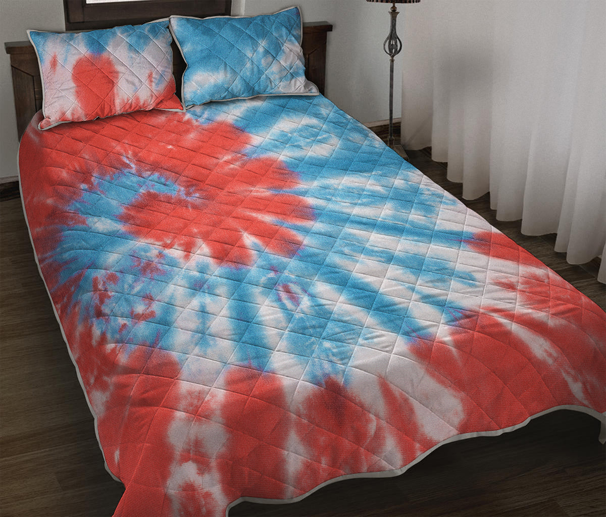 Orange And Blue Tie Dye Print Quilt Bed Set