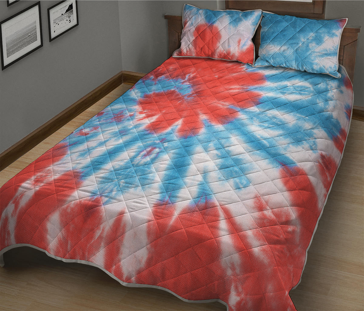 Orange And Blue Tie Dye Print Quilt Bed Set