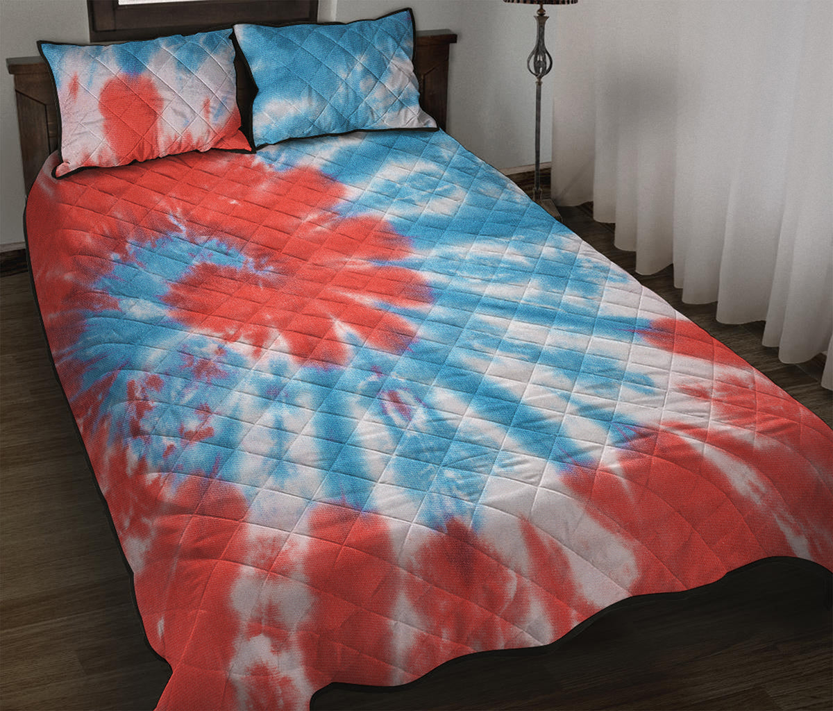 Orange And Blue Tie Dye Print Quilt Bed Set