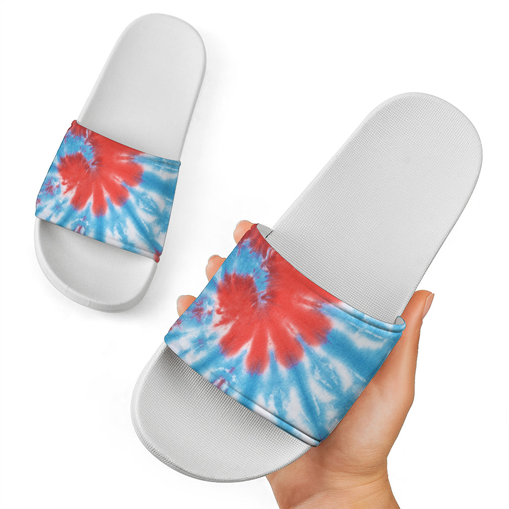Orange And Blue Tie Dye Print White Slide Sandals