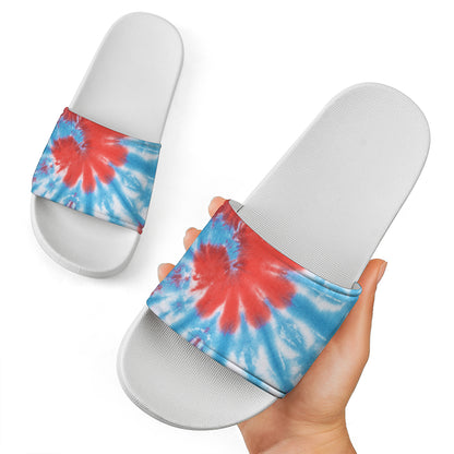 Orange And Blue Tie Dye Print White Slide Sandals