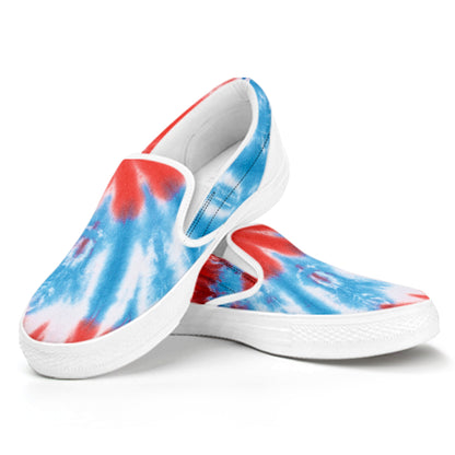 Orange And Blue Tie Dye Print White Slip On Shoes