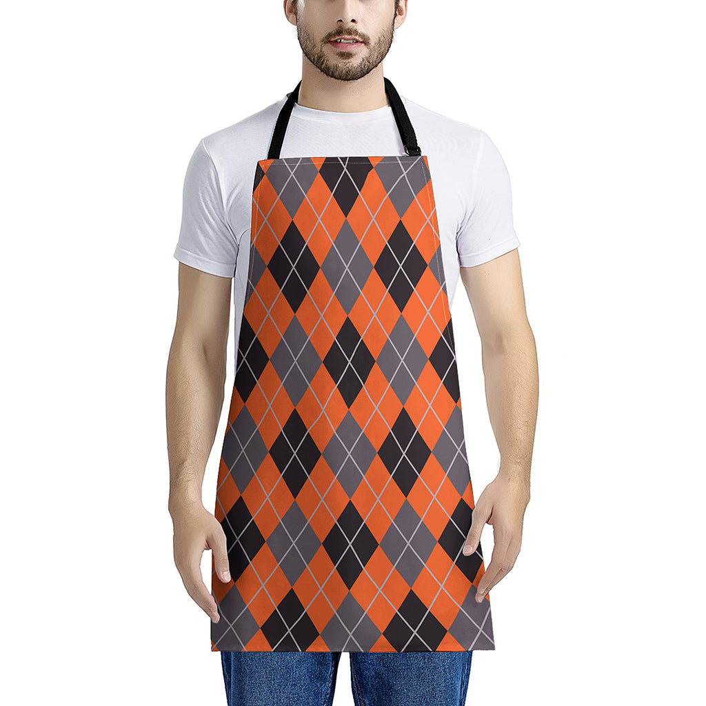 Orange And Grey Halloween Argyle Print Apron