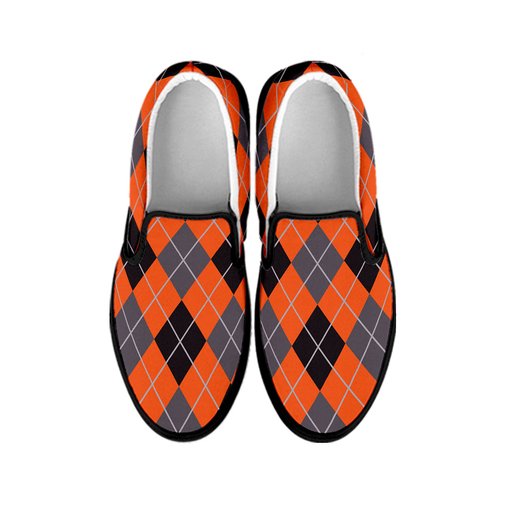 Orange And Grey Halloween Argyle Print Black Slip On Shoes