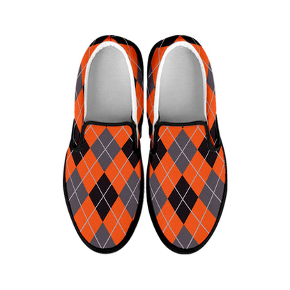 Orange And Grey Halloween Argyle Print Black Slip On Shoes