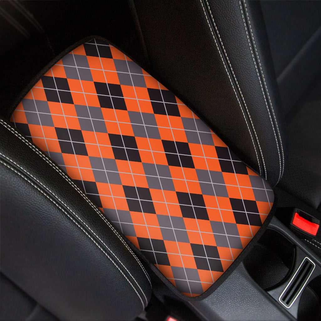 Orange And Grey Halloween Argyle Print Car Center Console Cover