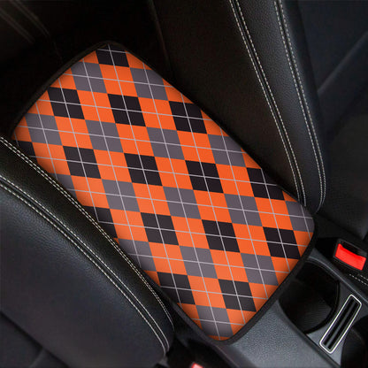 Orange And Grey Halloween Argyle Print Car Center Console Cover