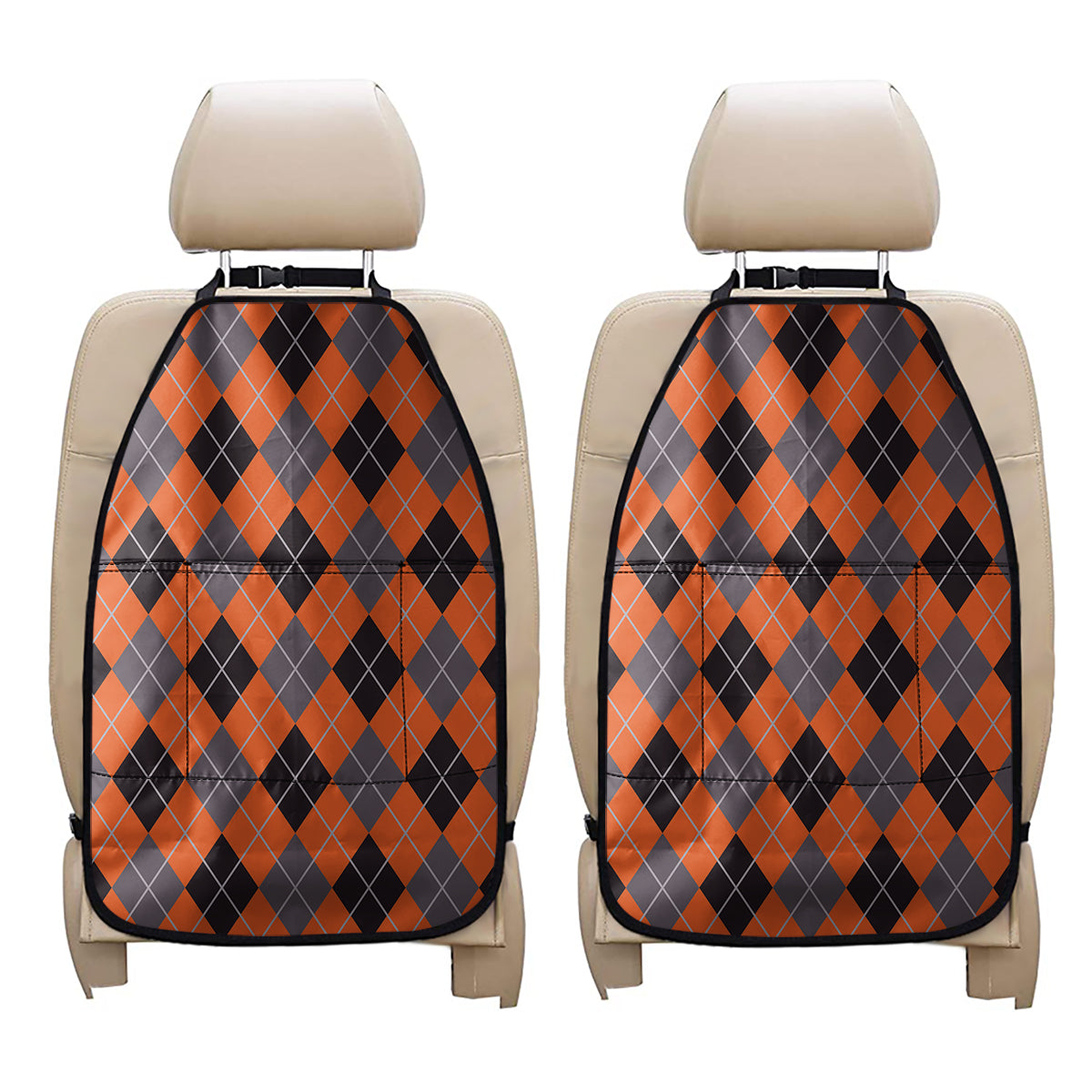 Orange And Grey Halloween Argyle Print Car Seat Organizers