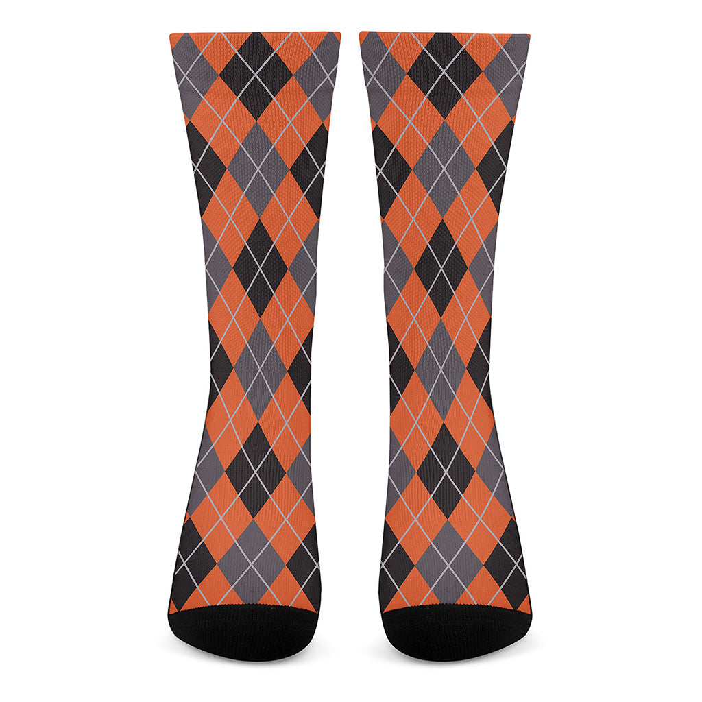 Orange And Grey Halloween Argyle Print Crew Socks