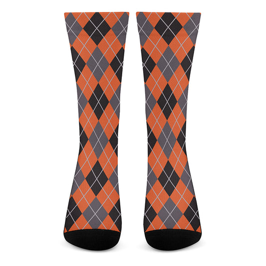 Orange And Grey Halloween Argyle Print Crew Socks