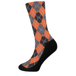 Orange And Grey Halloween Argyle Print Crew Socks