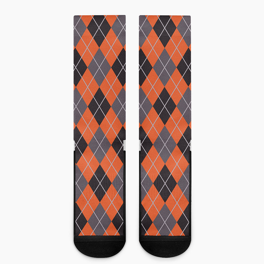 Orange And Grey Halloween Argyle Print Crew Socks