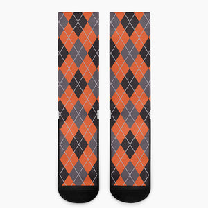 Orange And Grey Halloween Argyle Print Crew Socks