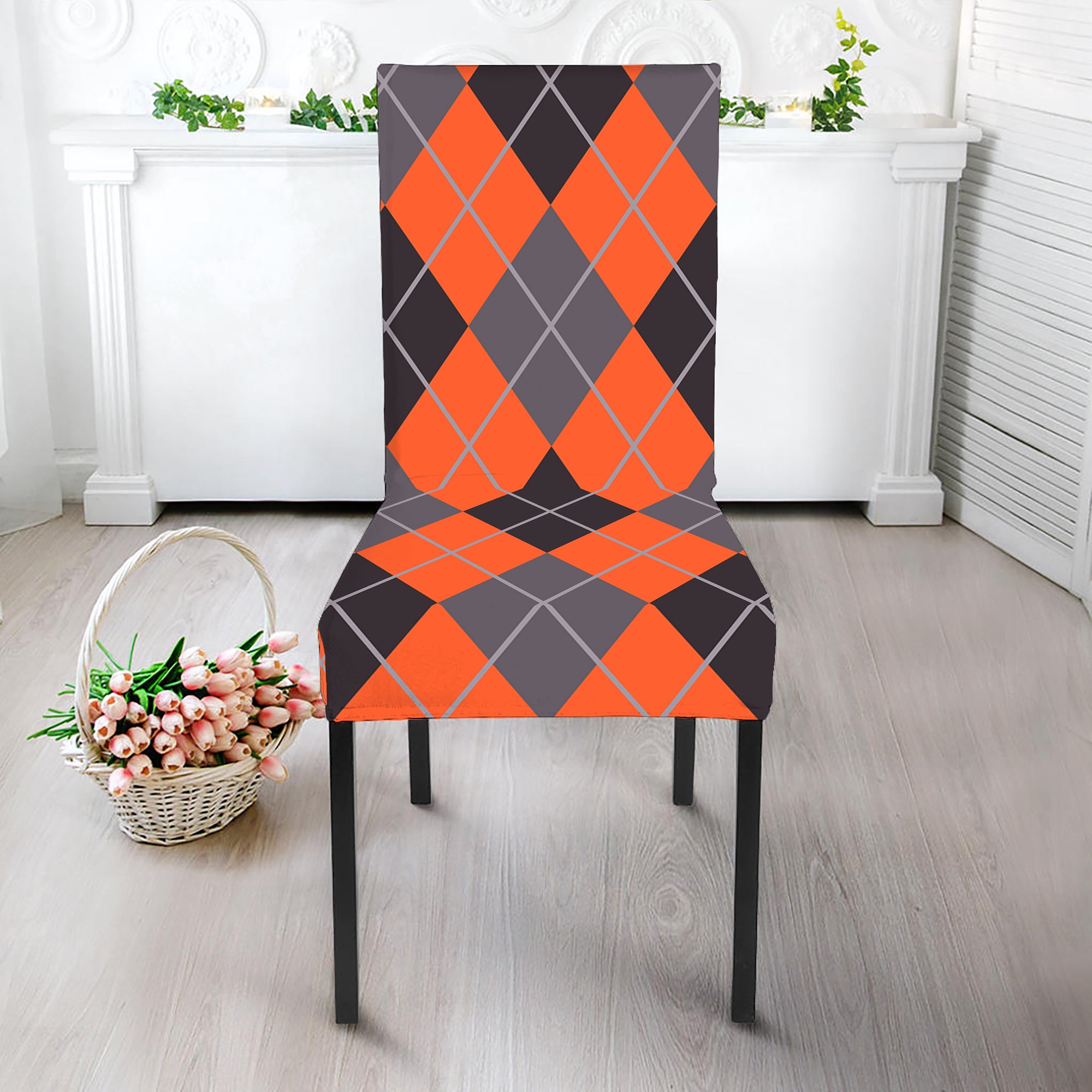Orange And Grey Halloween Argyle Print Dining Chair Slipcover