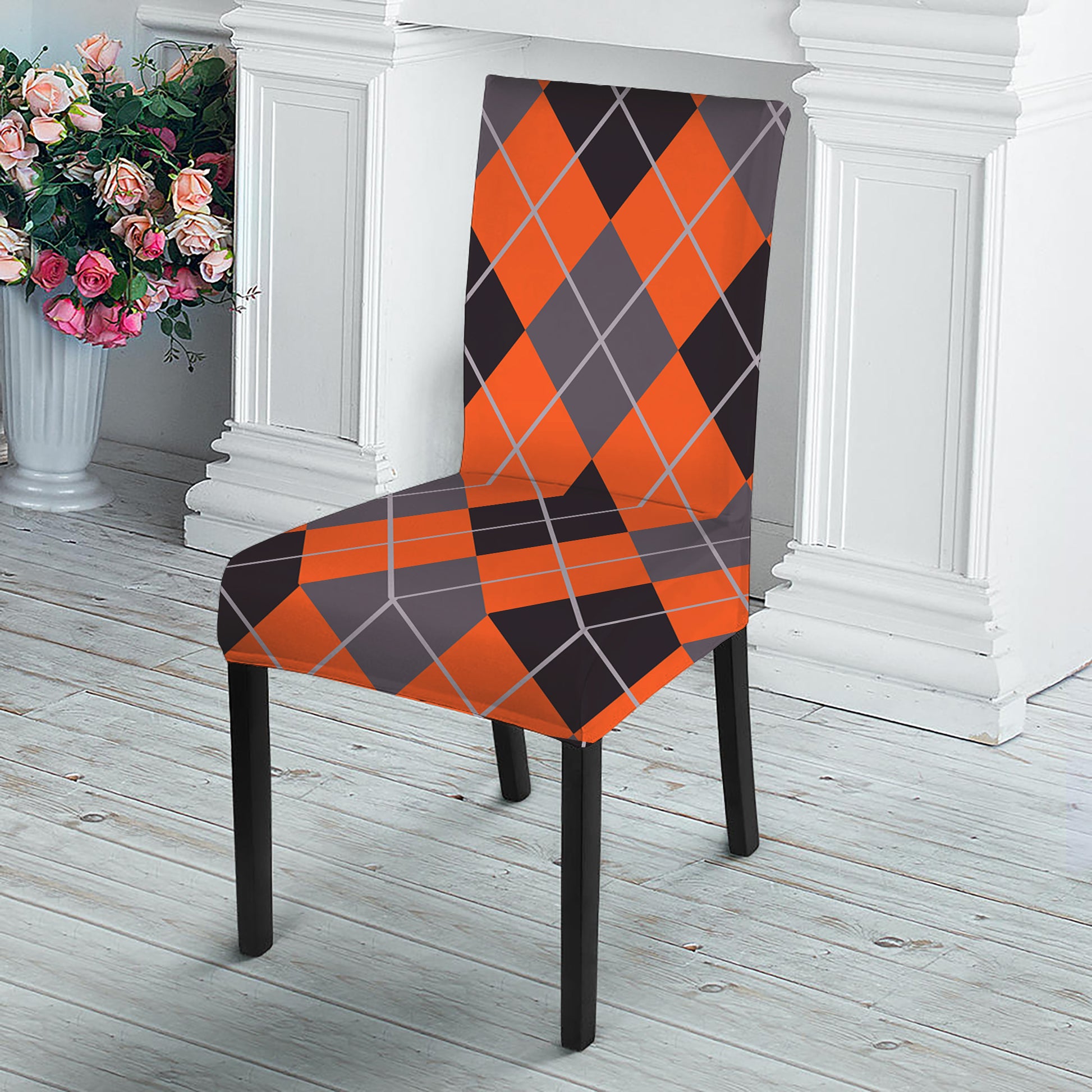Orange And Grey Halloween Argyle Print Dining Chair Slipcover