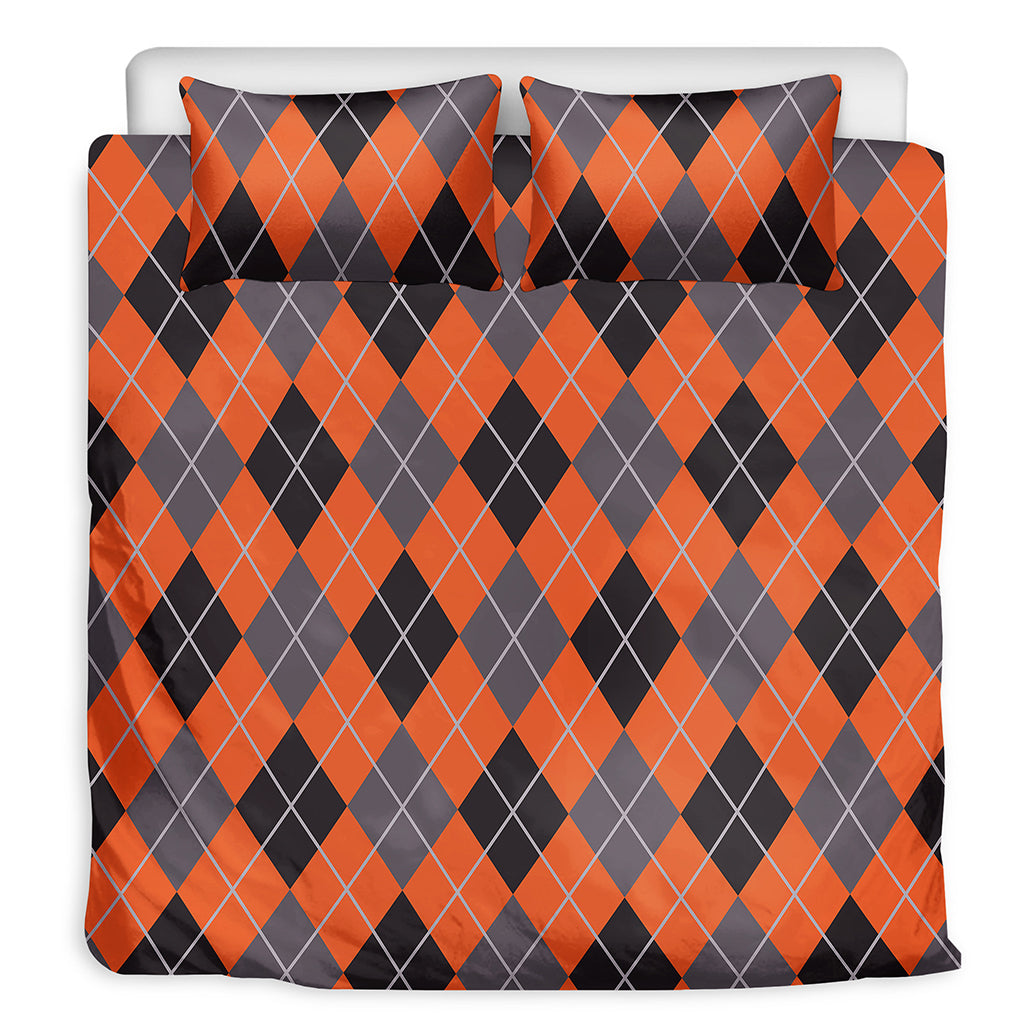 Orange And Grey Halloween Argyle Print Duvet Cover Bedding Set