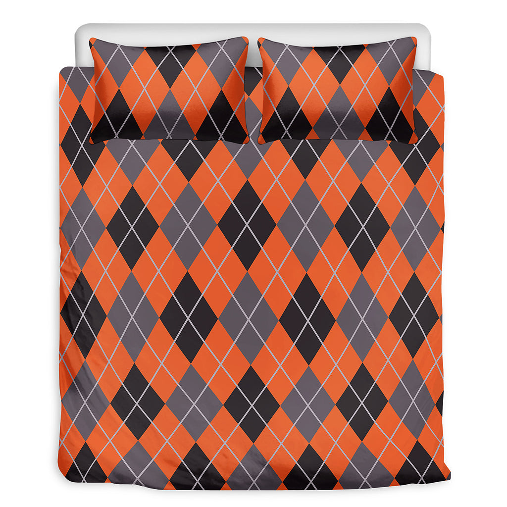Orange And Grey Halloween Argyle Print Duvet Cover Bedding Set