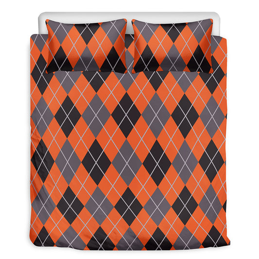 Orange And Grey Halloween Argyle Print Duvet Cover Bedding Set