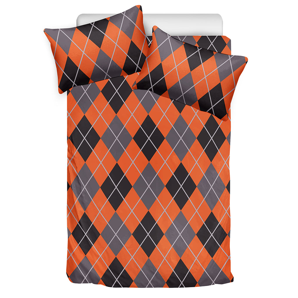 Orange And Grey Halloween Argyle Print Duvet Cover Bedding Set