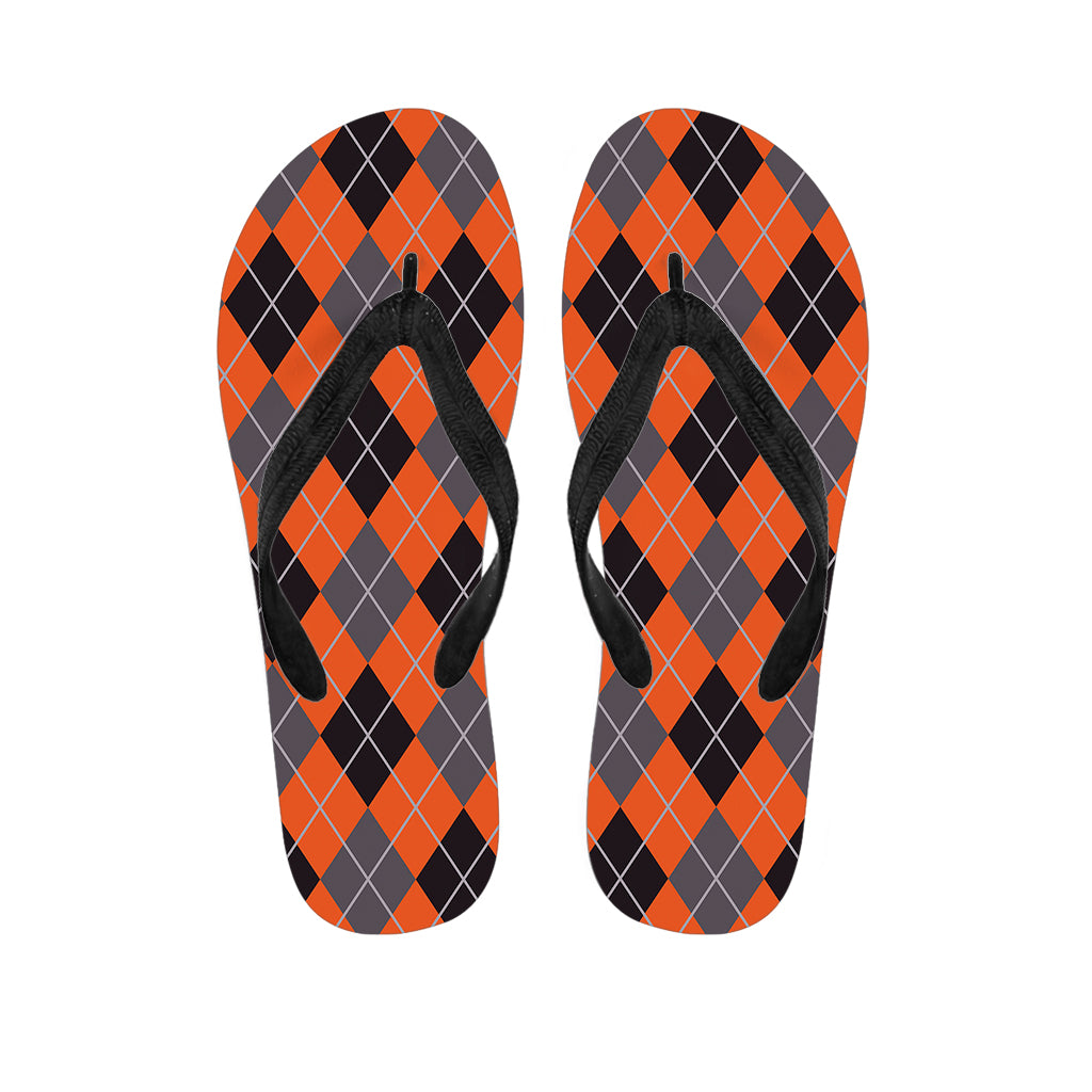 Orange And Grey Halloween Argyle Print Flip Flops