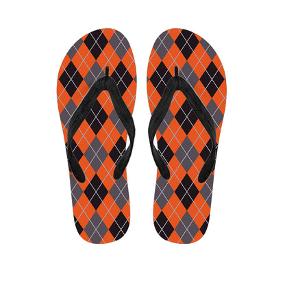 Orange And Grey Halloween Argyle Print Flip Flops