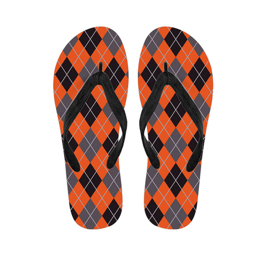 Orange And Grey Halloween Argyle Print Flip Flops