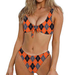 Orange And Grey Halloween Argyle Print Front Bow Tie Bikini