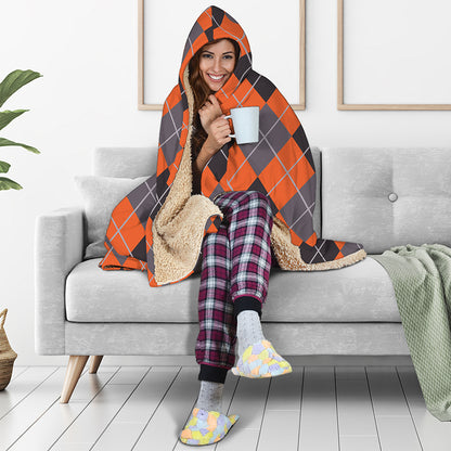 Orange And Grey Halloween Argyle Print Hooded Blanket