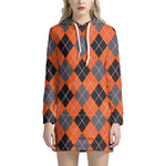 Orange And Grey Halloween Argyle Print Hoodie Dress
