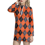 Orange And Grey Halloween Argyle Print Hoodie Dress