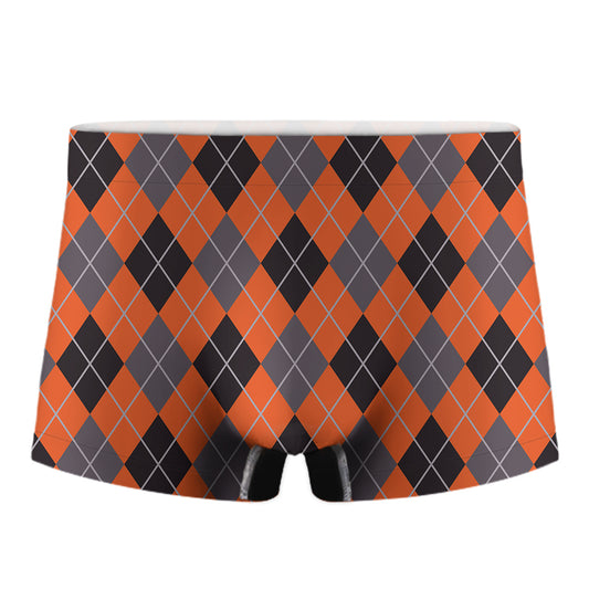 Orange And Grey Halloween Argyle Print Men's Boxer Briefs